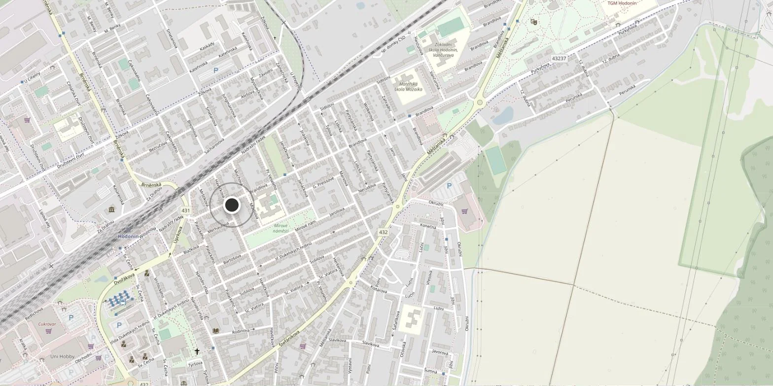 Mapa Hodonína s vyznačenou Rezidencí Brandlova
